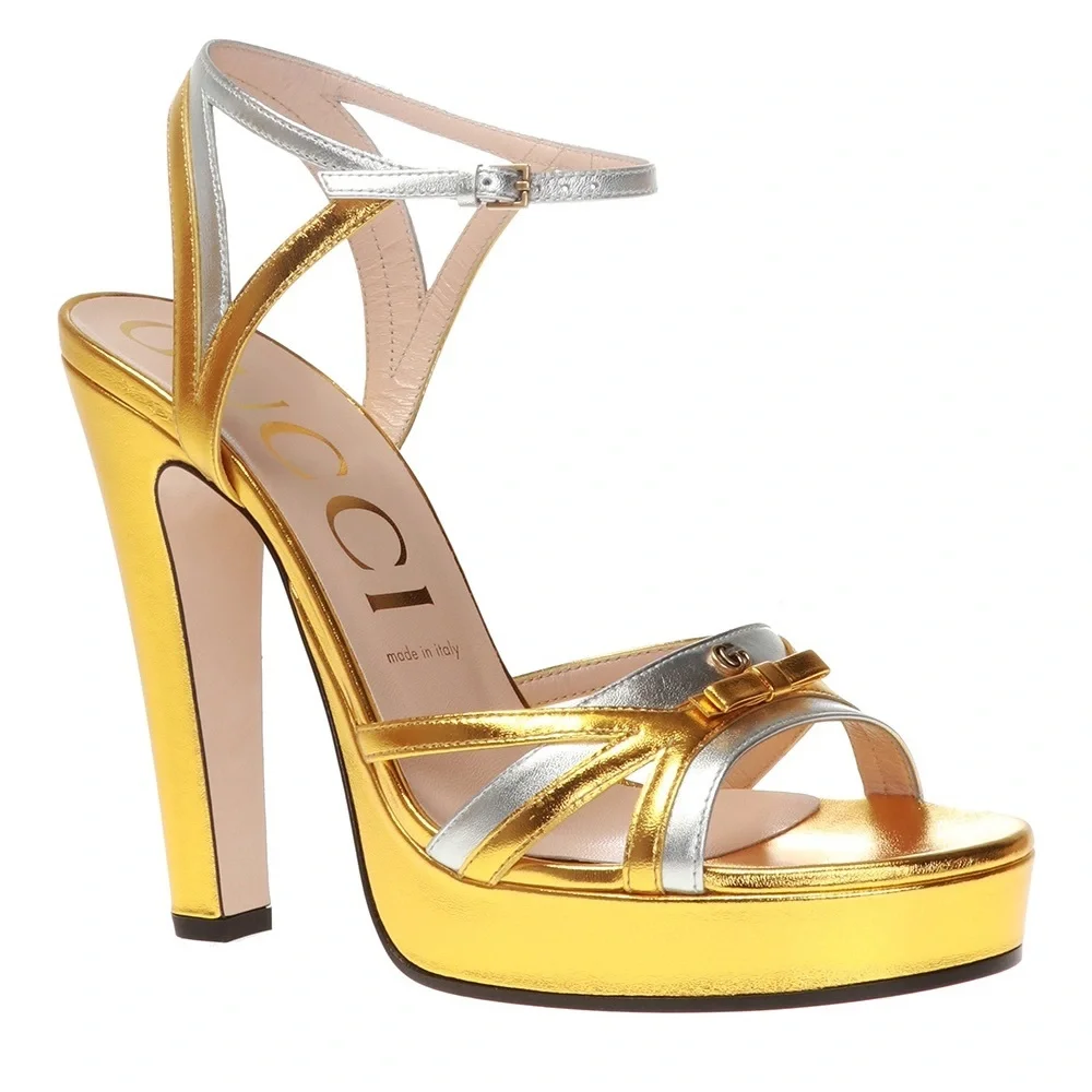 Gucci Alison Leather Metallic Platform Sandals Heels